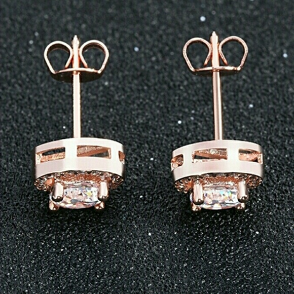 18k Rose Gold Diamond Cz Halo Stud Earrings - Picture 5 of 7